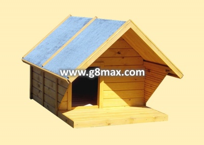 Kennel with a porch and a roof overhang above it