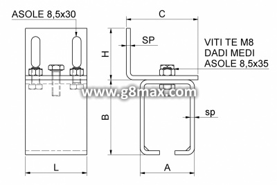 COMBI ARIALDO Ceiling adjustable support for track GRANDE, 60x80mm, 66x86x4mm (galvanized)