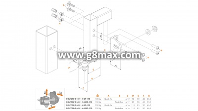Hinge 180 Locinox BOLTONHD-4D M12, Screwed-In, Adjustable 4 Ways, Aluminium (2 pieces)